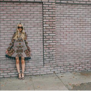 MinkPink Long Sleeve Tassel Trim Graphic Dress